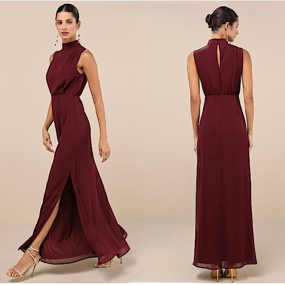 Lulus Classic Elegance Plum Chiffon Sleeveless Mock Neck Maxi Dress, Size L - Picture 1 of 16